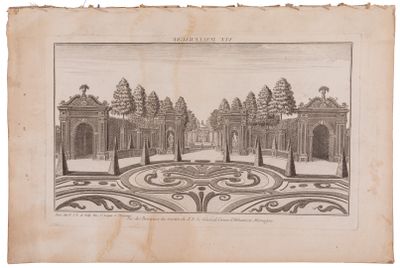 an old drawing of a garden with a fountain in the middle
