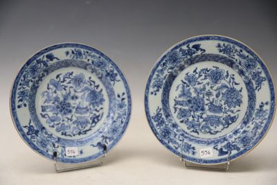 une paire d'assiettes bleues et blanches ornées de fleurs et d'oiseaux