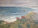 un tableau représentant une maison située sur une colline surplombant l'océan