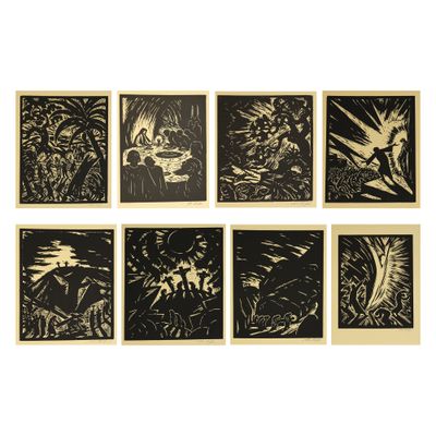 un ensemble de six gravures sur bois en noir et blanc représentant une scène forestière