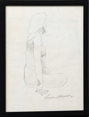 dessin représentant une femme assise par terre, dans un cadre noir
