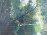 un tableau représentant une rivière au milieu d'une forêt