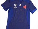 the shirt is blue and has a red rooster on it