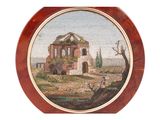 a picture of a painting of a house on a hill