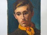 portrait of a young man with a yellow scarf on a blue background