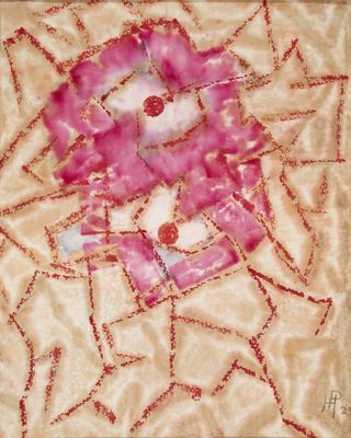 an image of a painting of a pink flower on a beige background