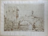 an old drawing of a castle with a tower on top of it