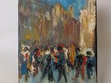 painting of a painting of a crowd of people walking down a street