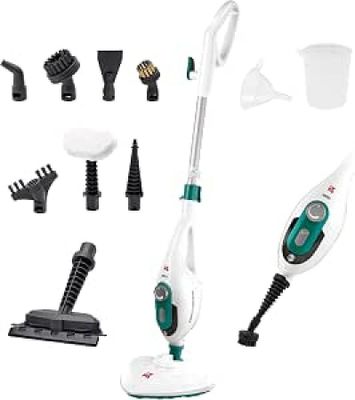 a green and white steam mop and other cleaning supplies