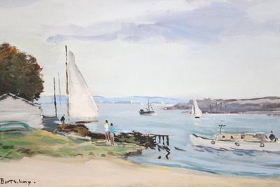 a painting of a sailboat on the water near a beach