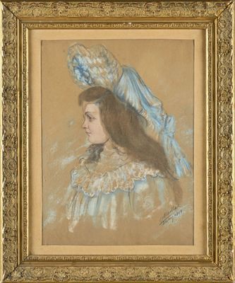 painting of a woman in a blue dress with a blue hat