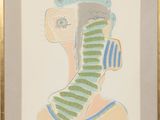 painting of a woman with a green and blue striped scarf