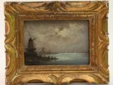 an image of a picture of a painting of a windmill by a body of water