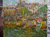 a painting of a bridge over a body of water