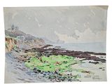 an image of a painting of a lighthouse on a rocky beach