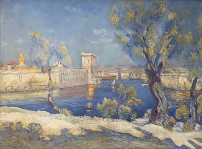 tableau représentant une vue sur une rivière avec un château en arrière-plan