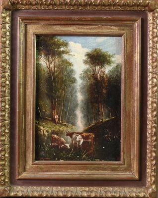 peinture représentant un paysage avec un troupeau de bovins dans une zone boisée
