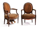 pair of early 20th century french walnut armchairs with leather upholstered seats