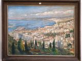 an oil painting of a view of a city with a sea in the background
