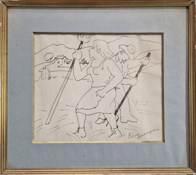drawing of a man with a stick and a woman with a dog