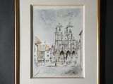 framed watercolor painting of a church with a clock tower