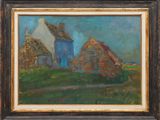 an oil painting of a farm scene with a blue house in the background