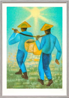 tableau représentant deux hommes portant des paniers dans un champ, avec le soleil en arrière-plan