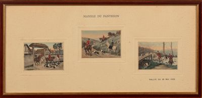 trois photos encadrées représentant des chevaux et des jockeys dans différentes positions