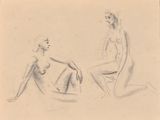 drawing of a woman sitting on a chair next to a man
