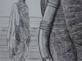 a drawing of a man standing next to an elephant