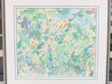 framed painting of a green and blue abstract painting on a white background