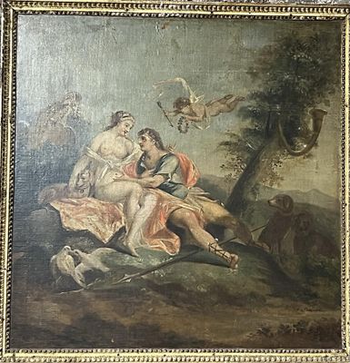 un vieux tableau représentant un homme et une femme assis sur un rocher