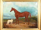 tableau représentant un cheval et un chien dans un champ