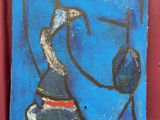 un tableau représentant une femme coiffée d'un chapeau sur fond bleu