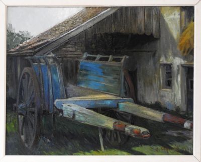 a painting of a blue wagon in front of a barn