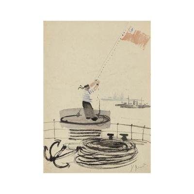 drawing of a man flying a kite on a boat in the water