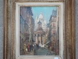 une peinture à l'huile représentant une scène de rue avec des personnes marchant dans la rue