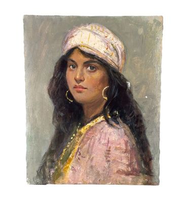 une peinture à l'huile représentant une femme vêtue d'une robe rose et d'un chapeau blanc