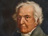 an old painting of a man with white hair and a green coat