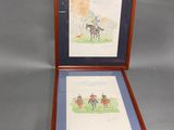 two framed pictures of horses and jockeys in a wood frame
