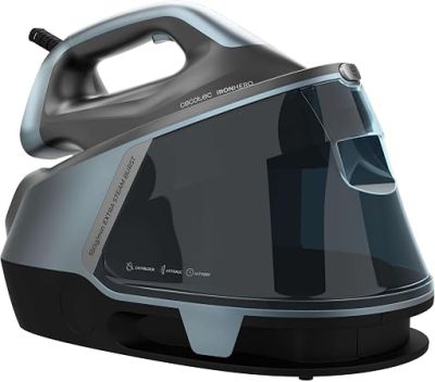 an image of a black and silver steam iron on a white background