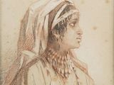 un vieux dessin représentant une femme portant un foulard et un collier