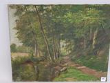 une peinture à l'huile représentant un ruisseau dans une zone boisée, avec des arbres