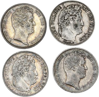 quatre types différents de pièces d'argent, dont l'une représente la tête d'une femme et une autre est