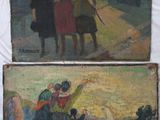 deux tableaux représentant des personnes dans la rue, en compagnie d'un chien et d'un cheval