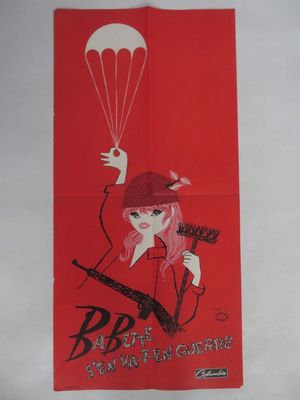 une affiche rouge représentant une femme tenant un parachute