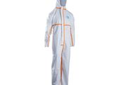 a white and orange coverall with a hood on it