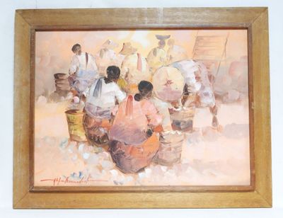 Scène de marché. Huile sur panneaux. - Photo 1