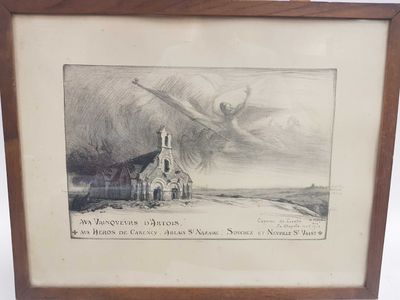 dessin encadré représentant une église survolée par un avion