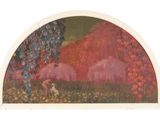 une image représentant un tableau où l'on voit une personne dans un champ de fleurs